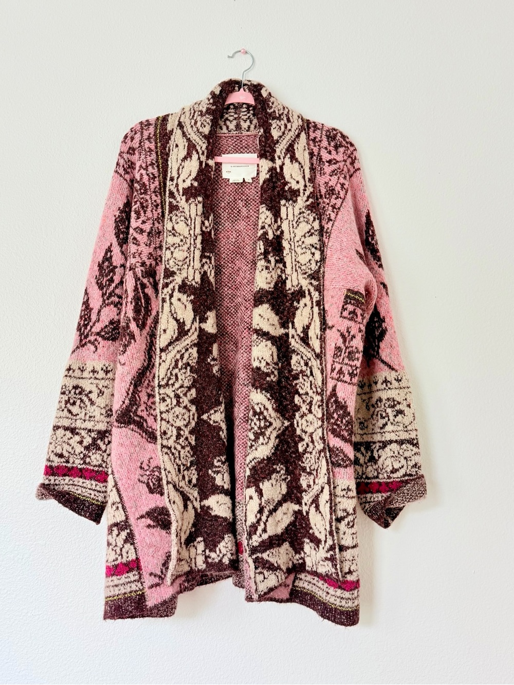 By Anthropologie  Cozy Pink & Cream Patterned Open Cardigan - Picture 5 of 9